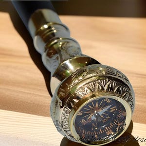 Antique Vintage Solid Brass Compass Wooden Walking Cane Walking Stick Victorian Handle Designer Cane For Men & Women