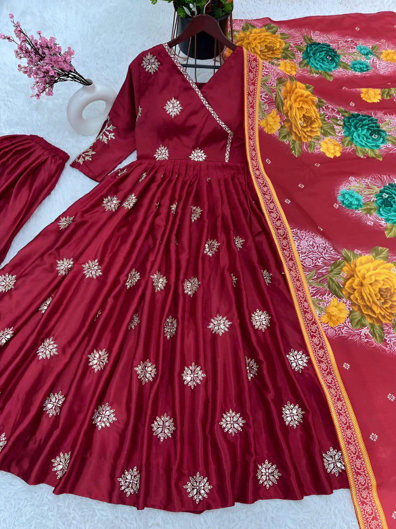 Maroon Floral Printed Sequins Anarkali Kurta