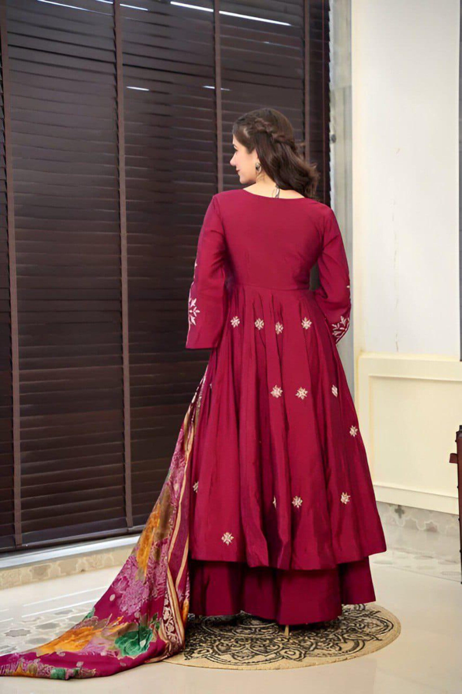 Women's Maroon Floral Anarkali Kurta
