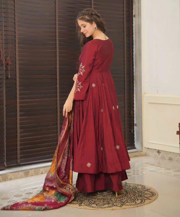 Maroon and Gold Anarkali Kurta with Net Dupatta