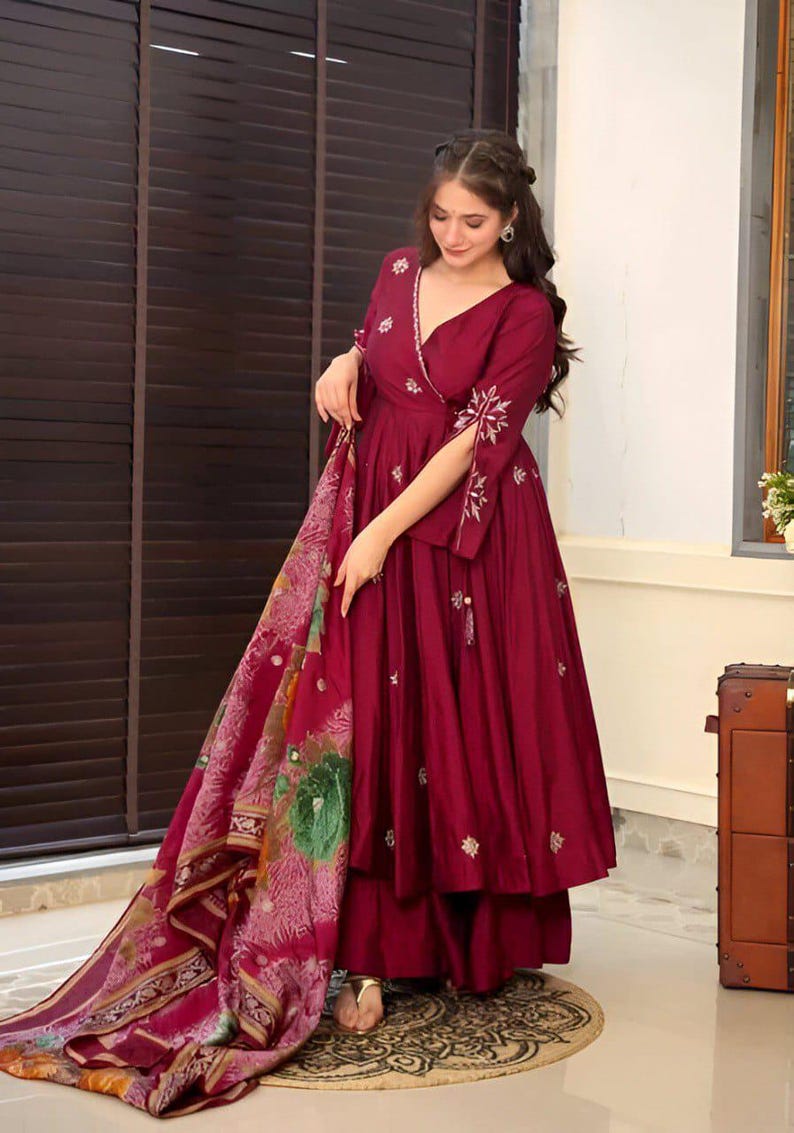 Maroon Anarkali Kurti Set with Elegant Embroidery & Dupatta