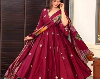 Maroon Anarkali Kurti Set with Elegant Embroidery & Dupatta main image 1