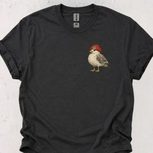 May include: A dark charcoal gray crew neck t-shirt featuring a small graphic on the left chest. The graphic depicts a light brown and white seagull wearing a red knit beanie with the text FCK NZS printed in white on the front of the hat.