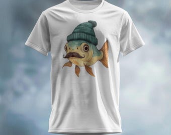 Camiseta de Mr. Fish con un diseño divertido | Camiseta unisex | Regalo para ella | Pez dorado con sombrero y bigote de estilo hipster | Gráfico de animales