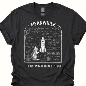 Könnte beinhalten: Dunkelgraues T-Shirt mit weißer Grafik, die mathematische Gleichungen, eine Rakete und eine Katze zeigt. Der Text "MEANWHILE" steht oben und "THE CAT IN SCHRÖDINGER'S BOX" unten. Wissenschaftliches Design.