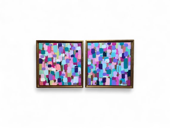 Pair of Original Purple Abstract Paintings in Gold Frames