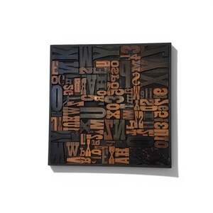 May include: A square, wooden block filled with various vintage letterpress printing blocks. The letters and numbers are in a mix of sizes and fonts, with a dark brown and orange color scheme. The block is set against a white background.