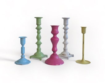 Set of Five Painted Brass Candlesticks