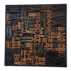May include: A square, black wooden printer's tray filled with an assortment of vintage wooden letterpress type. The letters and numbers are in various sizes and fonts, with a mix of black and brown tones.