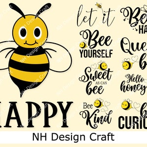 May include: A set of 10 bee-themed digital clipart images with various sayings, including "Let it Bee", "Bee Yourself", "Sweet as Can Bee", "Hello Honey", "Bee Kind", and "Bee Curious".