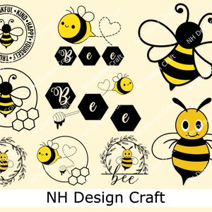 May include: A set of bee-themed digital clipart featuring various designs, including a bee with a heart, a bee with honeycomb, and a bee with the word "bee" in a wreath. The clipart is perfect for crafting projects, scrapbooking, and digital design.