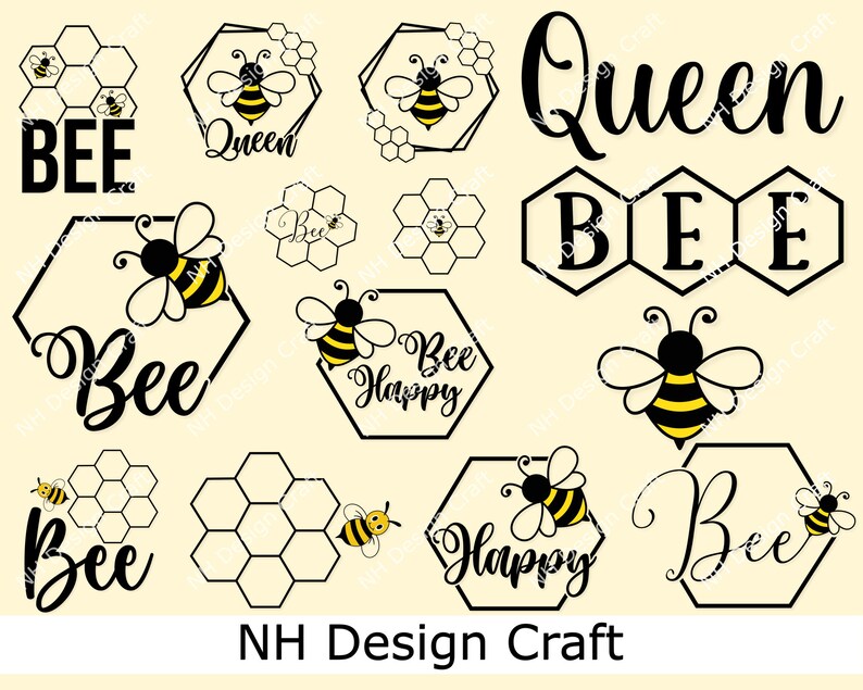 May include: A set of black and yellow bee-themed digital clipart images. The images include bees, honeycombs, and text that says "Bee", "Queen Bee", "Bee Happy", and "NH Design Craft".