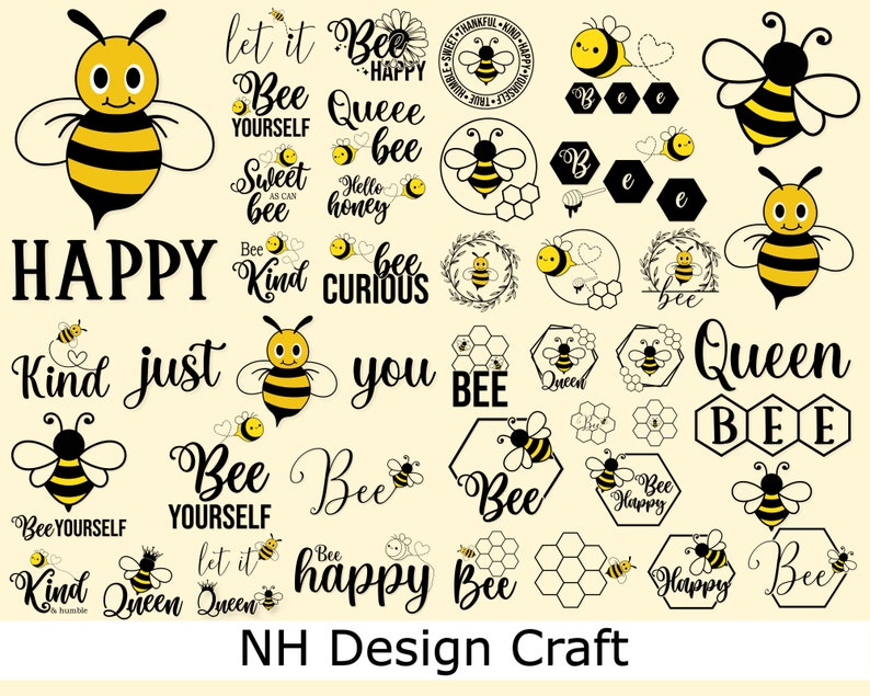 May include: A collection of bee-themed digital clipart featuring various designs, including bees, honeycombs, and text phrases like "Bee Happy", "Bee Yourself", and "Queen Bee".