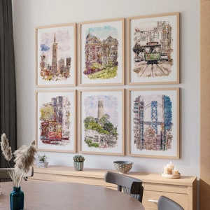 San Francisco Prints Wall Art Poster di viaggio Set di 6, Poster stampabile di San Francisco ad acquerello, Download digitale, Stampa poster di viaggio
