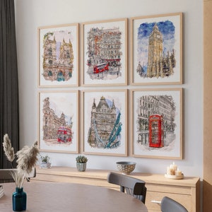 Juego de 6 impresiones de Londres para pared, pósteres de viaje, póster imprimible de Londres en acuarela, descarga digital, impresión de póster de viaje al Reino Unido