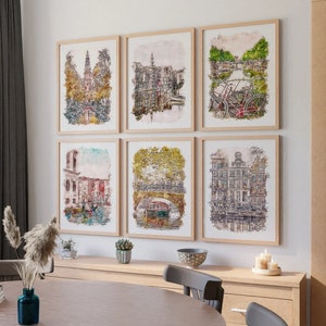 Amsterdam Prints Wall Art Poster di viaggio Set di 6, Poster stampabile di Amsterdam ad acquerello, Download digitale, Stampa poster di viaggio nei Paesi Bassi