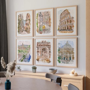 Juego de 6 impresiones de Roma, pósteres de viaje para pared, póster imprimible de Roma en acuarela, descarga digital, póster de viaje a Italia