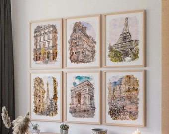Paris Prints Wall Art Travel Posters Set Of 6, Watercolor Paris Printable Poster, Digital Download, France Travel Poster Print