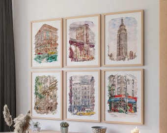 New York Prints Wall Art Travel Posters Set Of 6, Watercolor New York Printable Poster, Digital Download, United States Travel Poster Print