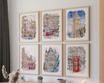 London Prints Wall Art Travel Posters Set Of 6, Watercolor London Printable Poster, Digital Download, United Kingdom Travel Poster Print