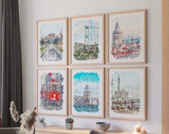 Istanbul Prints Wall Art Travel Posters Set Of 6, Watercolor Istanbul Printable Poster, Digital Download, Turkey Travel Poster Print