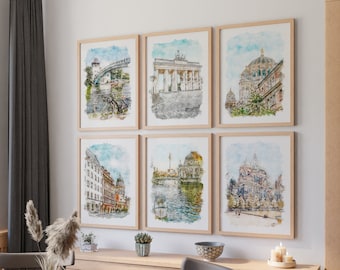 Berlin Prints Wall Art Travel Posters Set Of 6, Watercolor Berlin Printable Poster, Digital Download, Germany Travel Poster Print