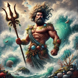May include: A powerful, muscular figure with long, flowing hair and a beard, holding a trident. He is adorned with seaweed and shells, standing amidst crashing waves.