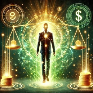 May include: A person standing in the center of a glowing circle with a scale on each side. The scale on the left has a symbol of a circle with a 9 inside. The scale on the right has a dollar sign. The person is surrounded by a green and gold background.