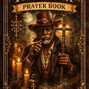 May include: An illustrated book cover for a "Papa Legba Prayer Book." The image features a man in a hat with a skull, holding a cross and smoking a cigar. The background includes candles, a bottle, and a graveyard.