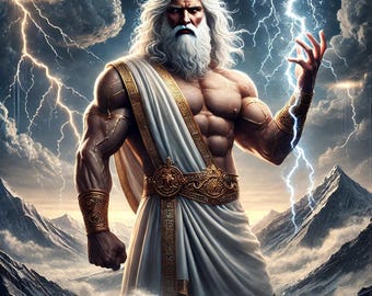May include: A powerful, muscular figure with a long white beard and a white toga, holding a lightning bolt in his right hand. He is surrounded by stormy clouds and lightning strikes.