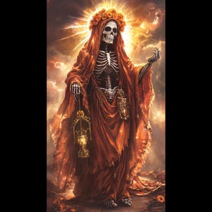 May include: A skeletal figure wearing a long, flowing orange robe with a floral crown. The figure holds a lantern in one hand and has a skeletal hand raised in the air. The background is a hazy orange and yellow.