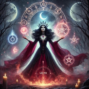 May include: Digital art of a woman in a black and red gown, adorned with a crown and jewelry, surrounded by mystical symbols and a crescent moon. The word "Lilith" is displayed at the bottom. The scene is set in a dark, ethereal forest with candles.
