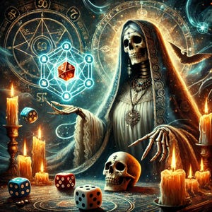 May include: A skeletal figure wearing a blue robe and holding a glowing, multi-sided die. The figure is surrounded by candles and a skull. The scene is set against a backdrop of swirling colors and intricate patterns.