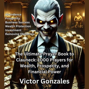 Pode incluir: Um homem com um sorriso sinistro está sentado rodeado de pilhas de dinheiro. O texto diz "The Ultimate Prayer Book to Clauneck: 1000 Prayers for Wealth, Prosperity, and Financial Power" e "Victor Gonzales".