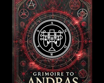 May include: A dark, antique-style book cover with a complex design. The cover is predominantly black and red, featuring intricate patterns and symbols. The title "Grimoire to Andras" is prominently displayed.