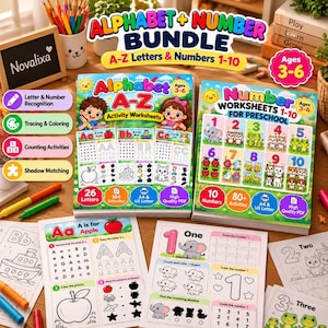 Könnte beinhalten: Ein pädagogisches Alphabet- und Zahlen-Aktivitätsset für Kinder im Alter von 3 bis 6 Jahren. Es enthält zwei farbenfrohe Arbeitshefte, Alphabet A-Z und Number Worksheets 1-10, mit Illustrationen von Tieren, Früchten und Übungen.
