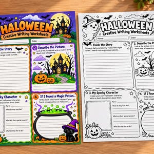Könnte beinhalten: Zwei Halloween-Arbeitsblätter für kreatives Schreiben mit einem Geist mit Hexenhut, einem Spukhaus, Kürbissen und einem Kessel. Ein Blatt ist farbig, das andere schwarz-weiß. Beide enthalten Aufforderungen für Geschichten und Charakterbeschreibungen.