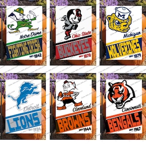May include: Six garden flags featuring college and professional sports team logos. The flags display the logos of Notre Dame, Ohio State, Michigan, Detroit Lions, Cleveland Browns, and Cincinnati Bengals. Each flag has the team name and founding year.