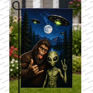 Bigfoot & Alien Garden Flag 12x18 | Funny Sasquatch UFO Yard Flag | Cryptid Outdoor Decor | Moon Forest Lawn Flag Gift
