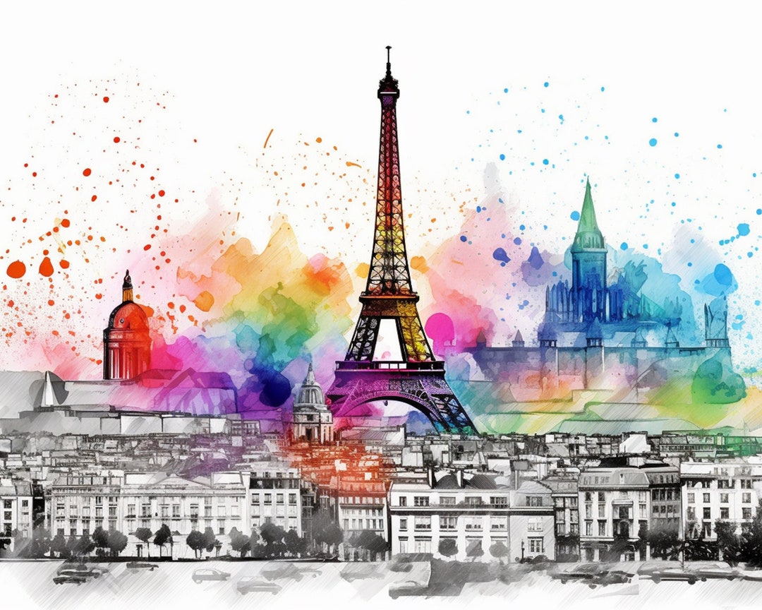 Paris City Watercolor Skyline Cityscape Painting Art Digital Etsy