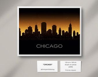 Chicago City Peinture Black Art Digital City Skyline USA SVG Peinture Image Set Chicago City skyline in Night Wallpaper Silhouette