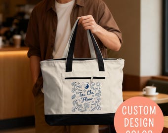 Tai Chi Flow Zippered Tote Bag, Custom Yoga Gift, Zen Art Zip Tote, Meditation Lover Present, Spiritual Teacher Appreciation Gift, Bag for