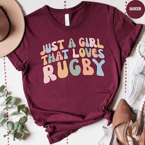 Just A Girl That Loves Rugby T-Shirt, Women&#39;s Rugby Fan Tee, Vintage Sports Casual Wear, Gifts for Her, Cute Groovy Mom Gift, Vintage Top