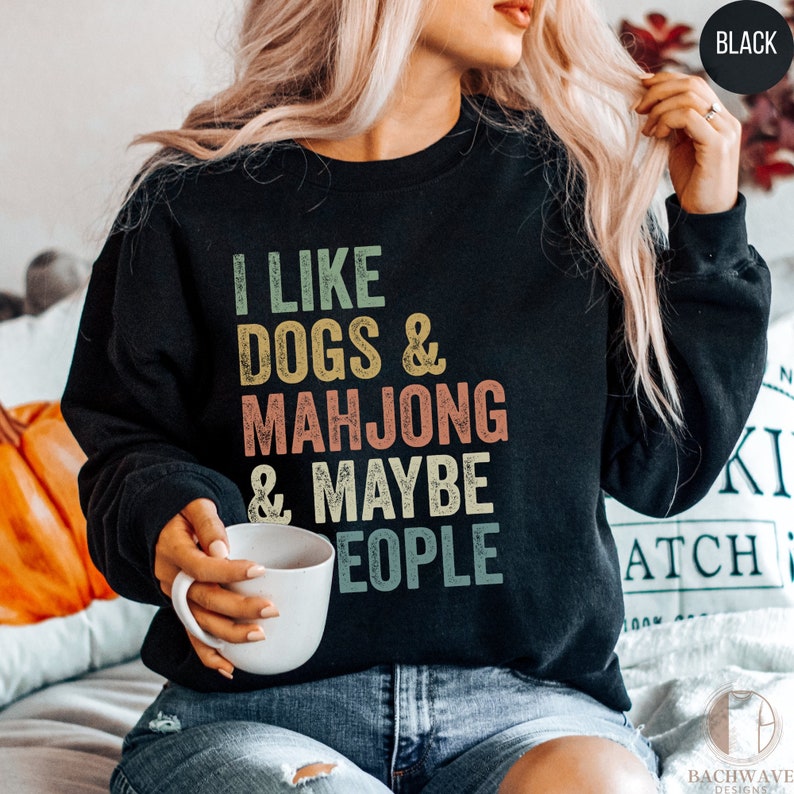 Funny Mahjong and Dogs Lover T-Shirt, Retro Style Crewneck Sweatshirt, Unique Gift Tee, Casual Sweater for Men and Women image 3