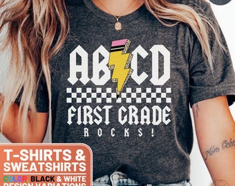 ABCD First Grade Rocks Teacher Team T-Shirt, First Grade Rocks Sweatshirt, Lightning Bolt Design for Teachers, Fun Teacher Shirt