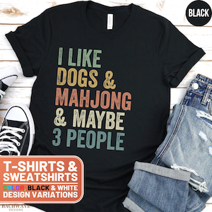 Funny Mahjong and Dogs Lover T-Shirt, Retro Style Crewneck Sweatshirt, Unique Gift Tee, Casual Sweater for Men and Women image 1