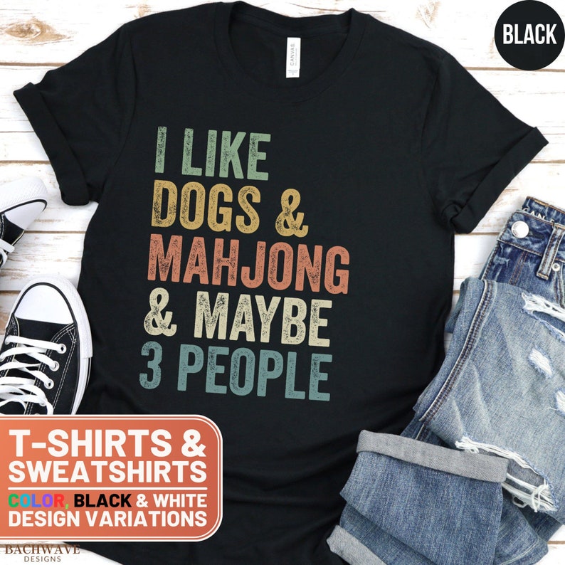 Funny Mahjong and Dogs Lover T-Shirt, Retro Style Crewneck Sweatshirt, Unique Gift Tee, Casual Sweater for Men and Women image 1