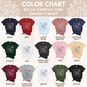 Color Chart Bella Canvas 3001 Unisex T-Shirt, Navy, Red, Light Blue, Heather Mauve, Heather Navy, Forest, Ash, Dark Grey, Pink