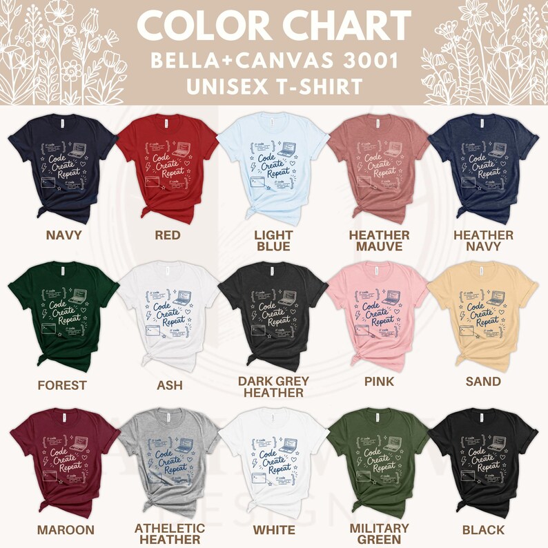 Color Chart Bella Canvas 3001 Unisex T-Shirt, Navy, Red, Light Blue, Heather Mauve, Heather Navy, Forest, Ash, Dark Grey, Pink