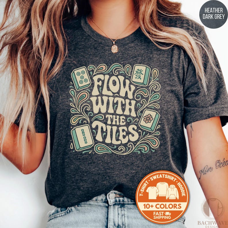 Flow With The Tiles Graphic Tee, Mahjong Lovers T-Shirt, Fun Board Game Shirt, Unisex Casual Top, Heather Dark Grey Tee